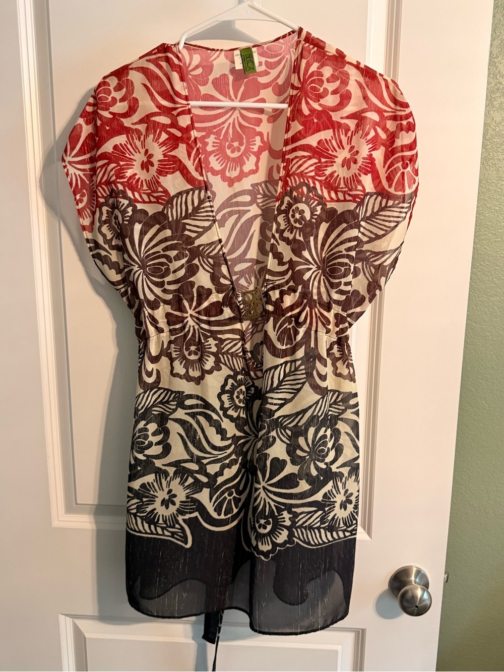 BECCA Red and Cream Floral Ombre V-Neck Swim Coverup